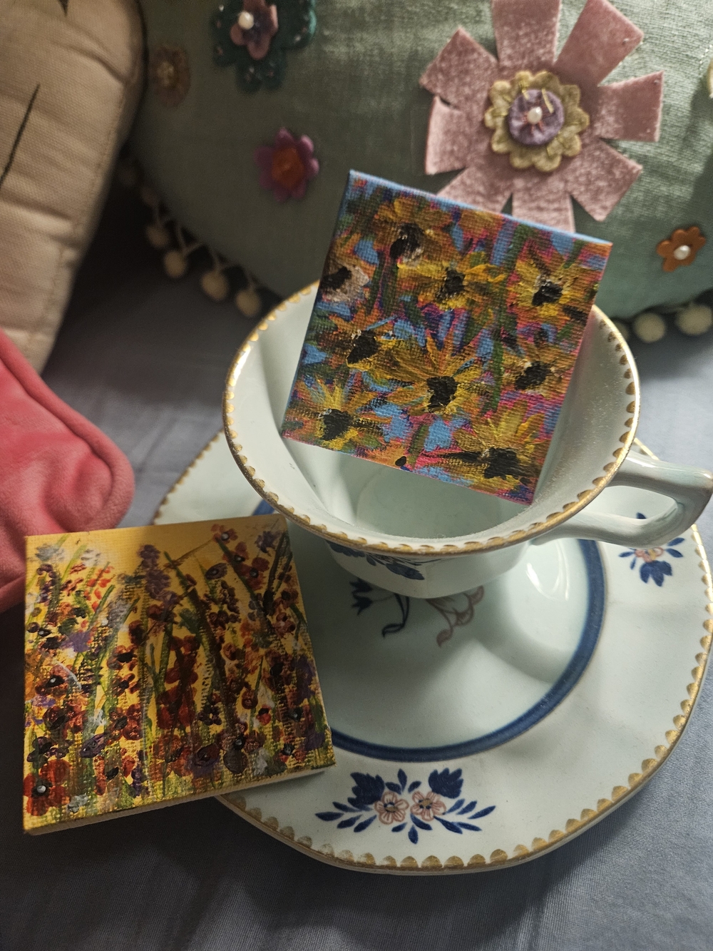 Set Of Two Handcrafted Mini Canvas flower Art - Yellow